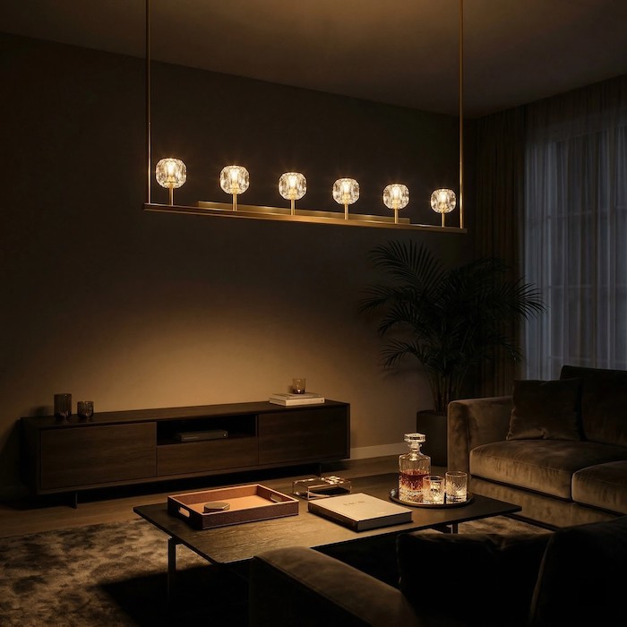Warm and luxurious evening ambiance created by a linear crystal lighting fixture.