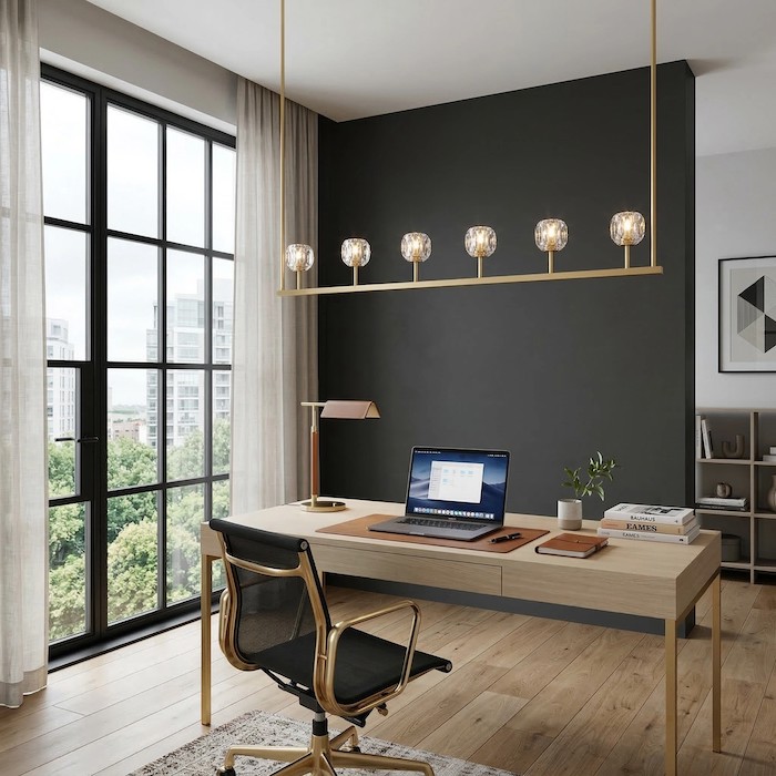 A sleek linear chandelier used as task lighting in a luxury minimalist home office.