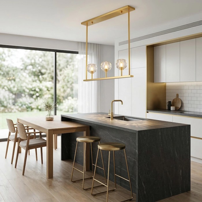 Demonstration of how linear lighting aligns with long furniture in a modern home.