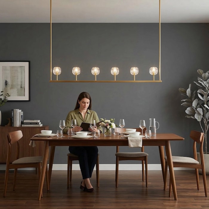 Professional reference showing the correct hanging height for a linear dining room light.
