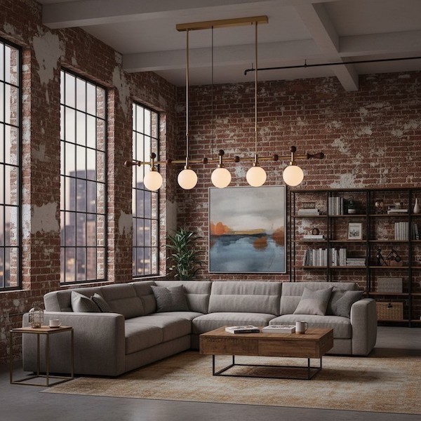 A long chandelier filling the vertical void of a high-ceiling loft.