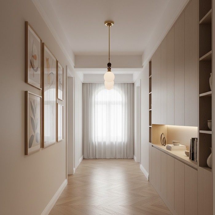 A close-up side view of a linear chandelier in a designer home.