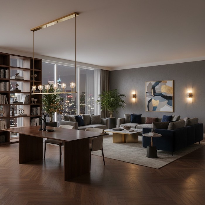 Comprehensive modern interior design showing layered crystal lighting trends for 2026.