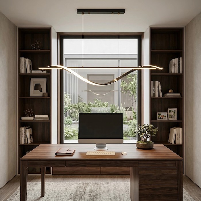 Professional home office featuring clean linear lighting for productivity.
