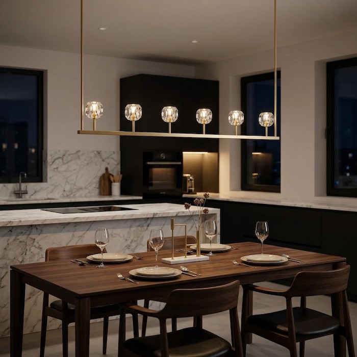 Adonis linear crystal chandelier hanging over a modern dining table in an open-concept home.