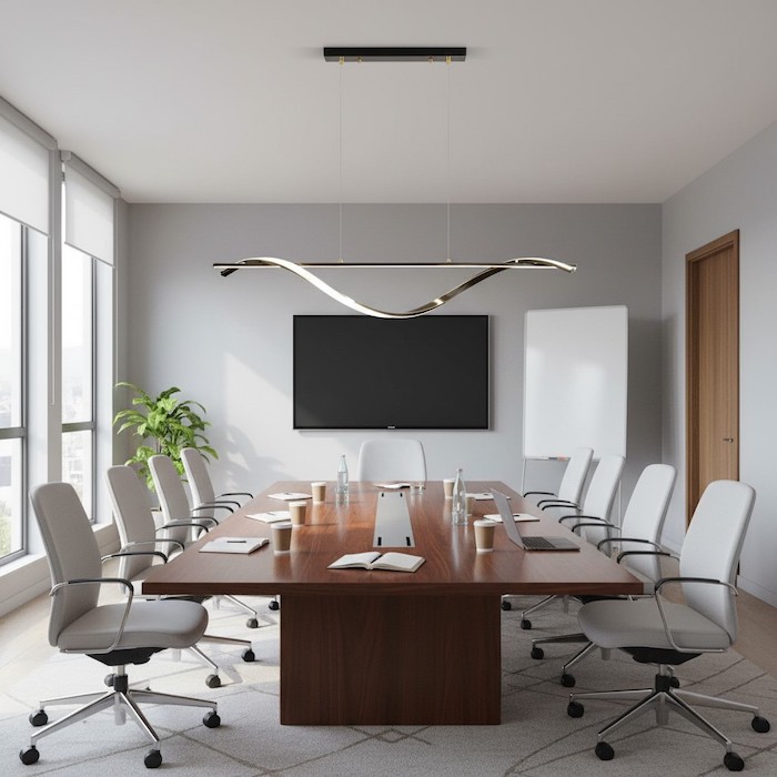 Professional boardroom with a centered linear light over a conference table.