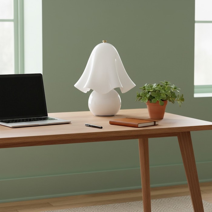 Elia Floris sculptural glass table lamp as a decorative piece on a modern home office desk.