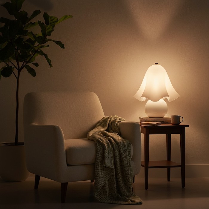 Emotional mood lighting from the Elia Floris table lamp in a cozy reading corner.