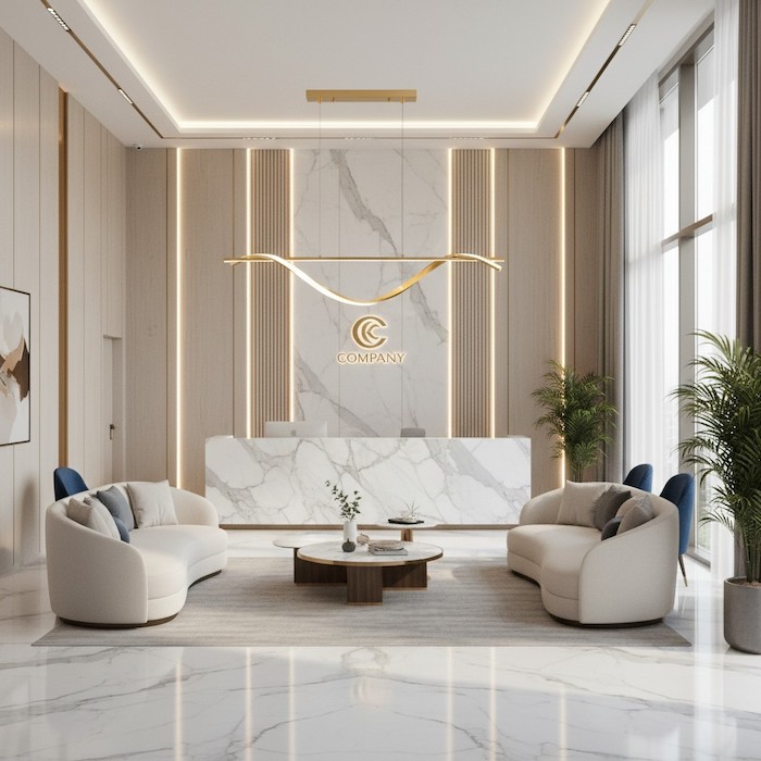 Luxury corporate lobby featuring a sculptural spiral linear light.