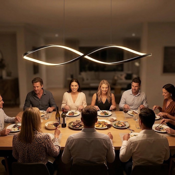 Even illumination on a dining table with no harsh shadows.