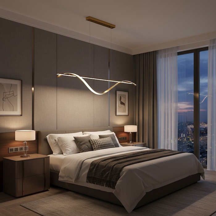 Soft ambient linear lighting creating a relaxing bedroom atmosphere.