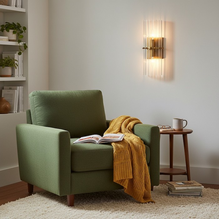 Elegant crystal wall light providing accent lighting for a cozy modern reading corner.