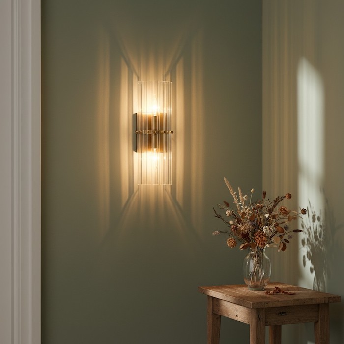 Leagora ribbed crystal wall sconce creating elegant light patterns on a sage-colored wall.