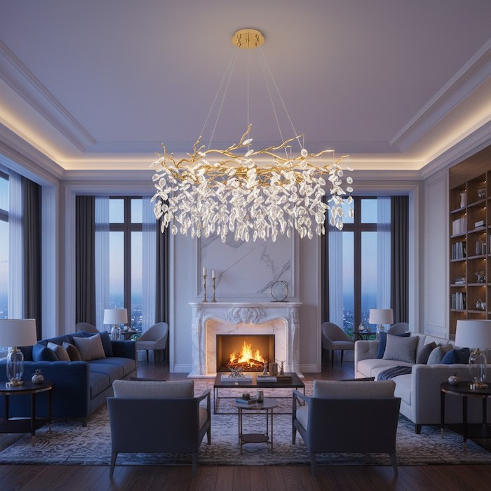 Marilyn gold glass and crystal chandelier providing warm emotional lighting in a cozy lounge.