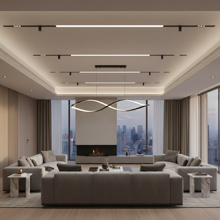 Architectural order in a modern apartment through linear lighting.