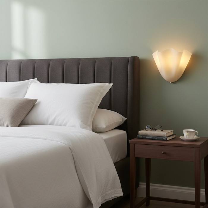 Elia Retro Floral Art-Deco wall sconce providing soft bedside lighting in a modern bedroom.