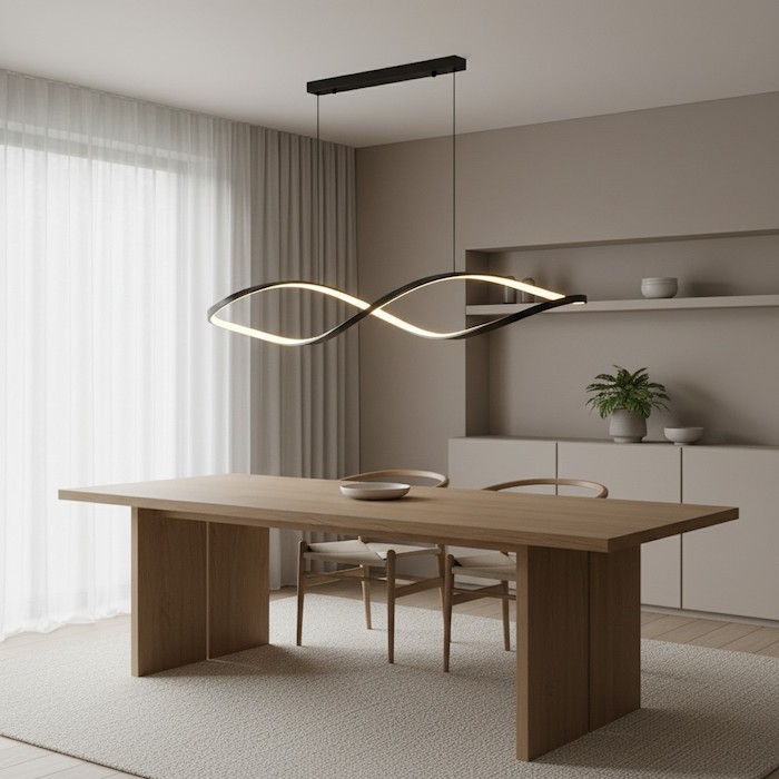 Diagram-like photo showing the 2/3 scale rule for dining room lighting.
