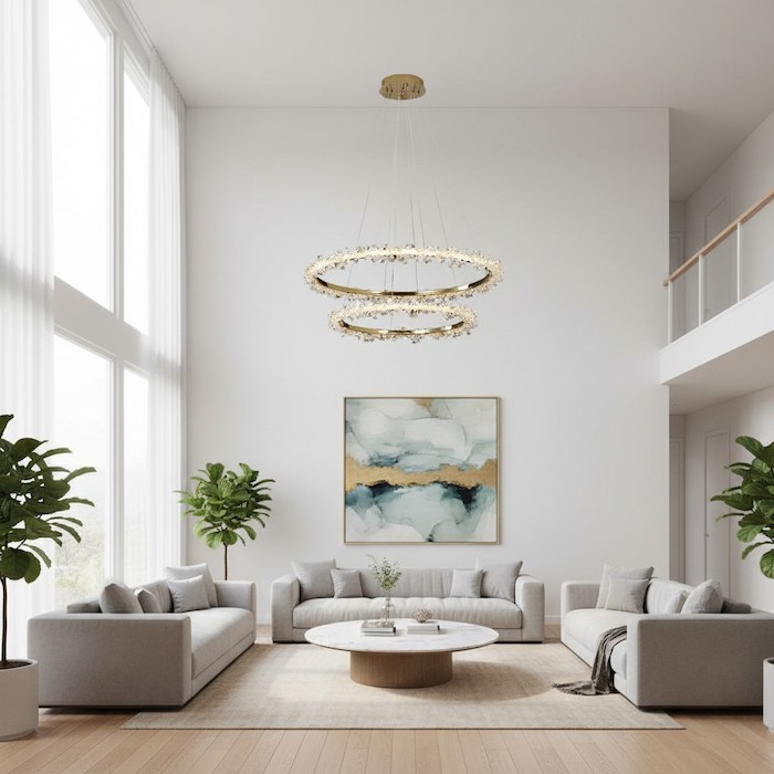 Illustration of proper chandelier hanging height in a room with very high ceilings.