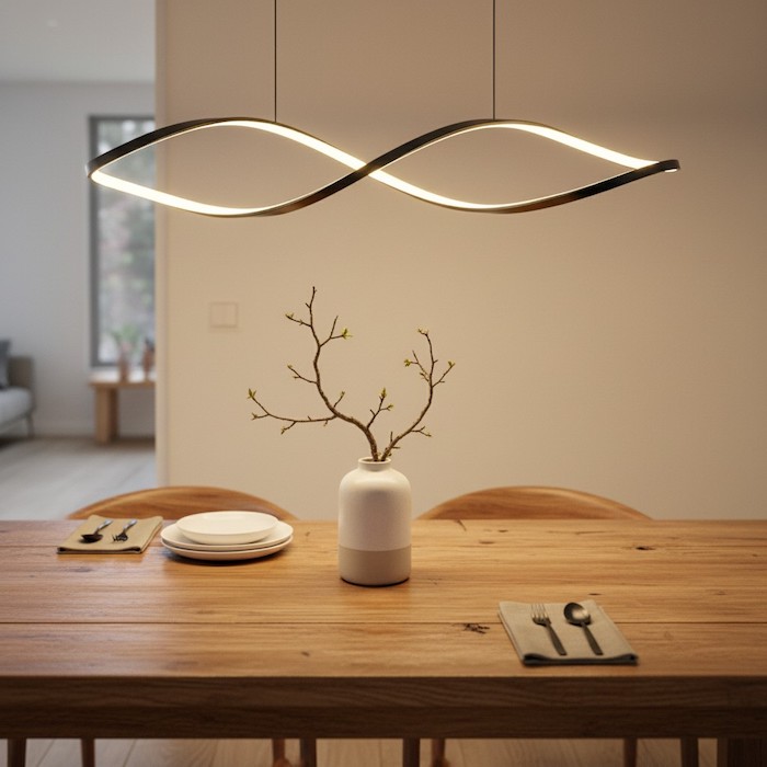 Warm 3000K light highlighting the texture of a wooden dining table.