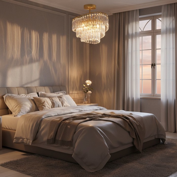 Small crystal chandelier casting a warm, romantic glow and patterns in a dark bedroom.