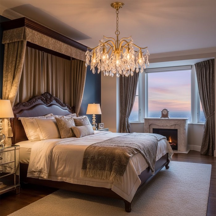 Presidential suite bedroom ambiance created by a dimmed crystal chandelier.