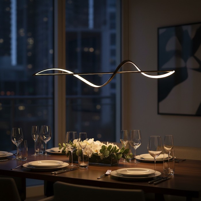 Sophisticated ambient glow from a dimmed linear chandelier for dinner.
