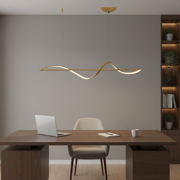 Evenly lit home office desk with linear pendant to reduce eye strain.