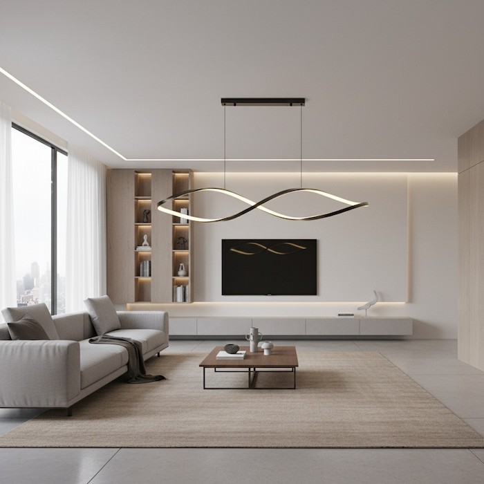 A final view of an elegant, minimalist home featuring linear lighting.