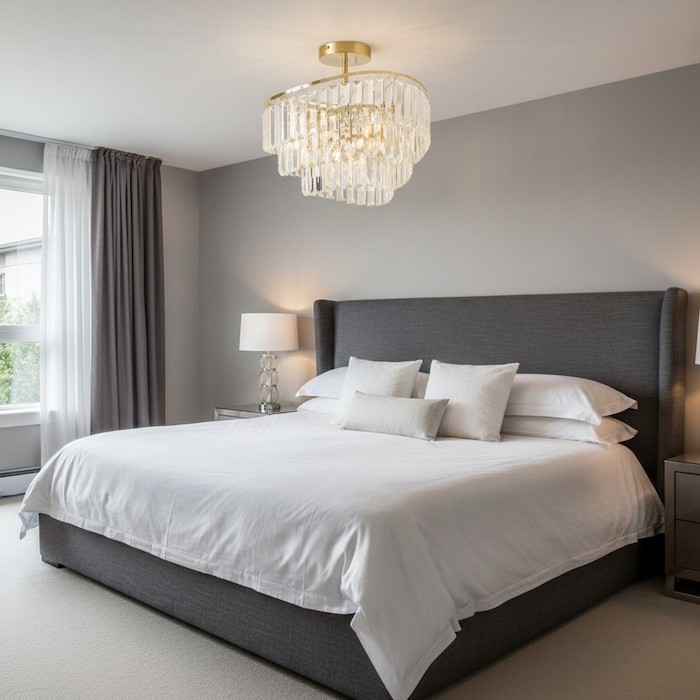Correct placement of a small crystal chandelier hanging over a queen-sized bedroom bed.