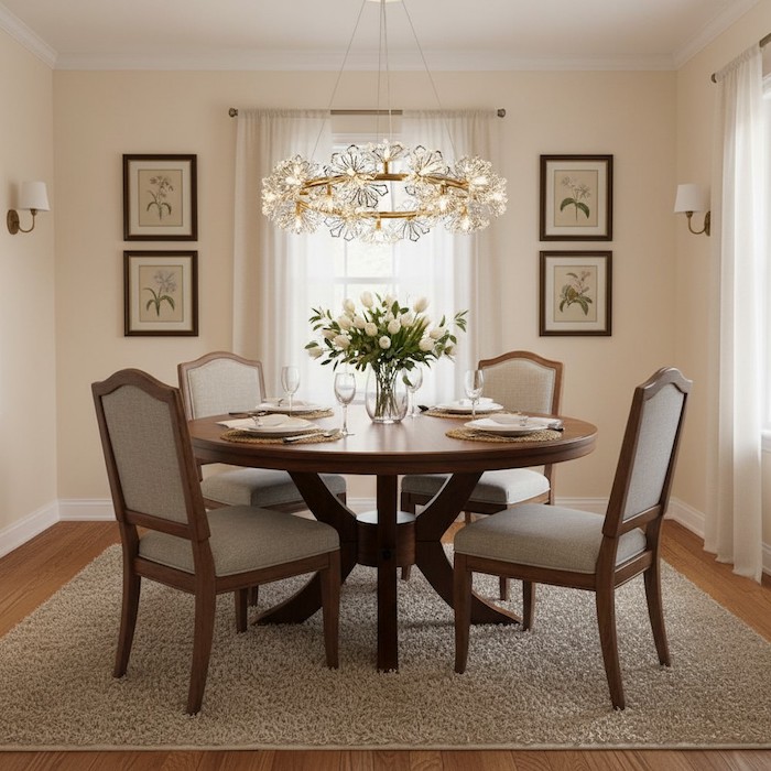 New Traditional dining room styling with a floral crystal chandelier.