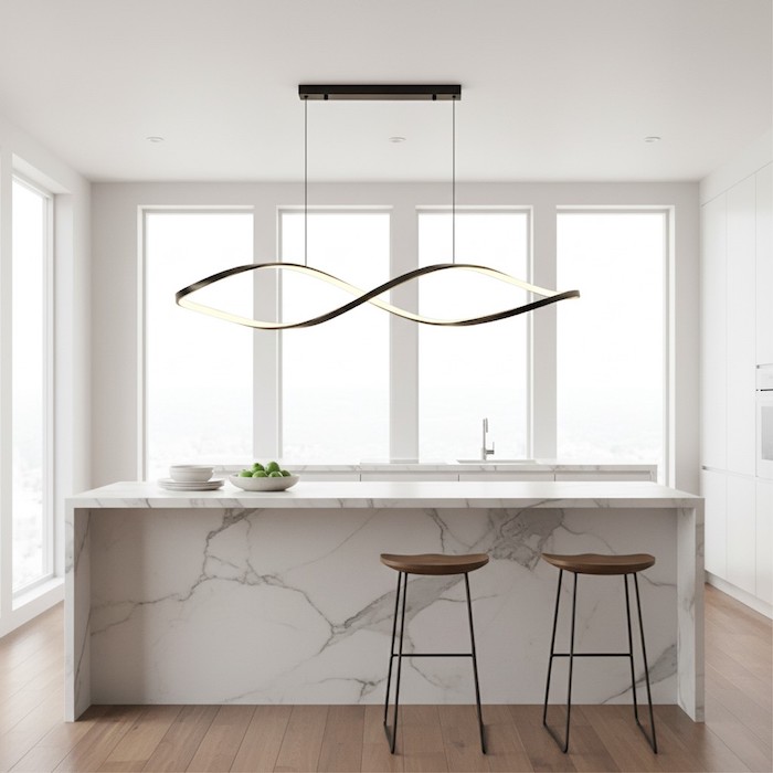 Linear pendant light perfectly installed over a marble kitchen island.