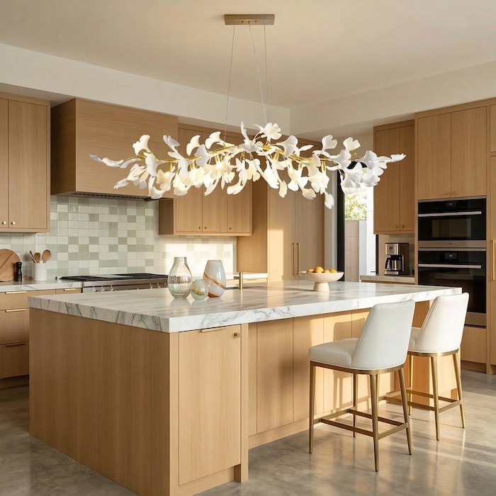 Minimalist linear lighting over a kitchen island.