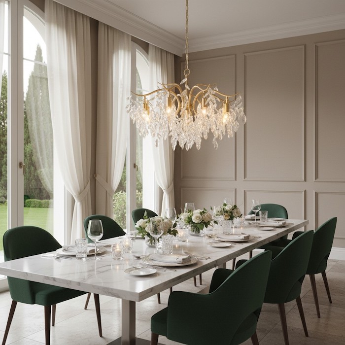 Marilyn style crystal chandelier as a focal point in a modern dining room.