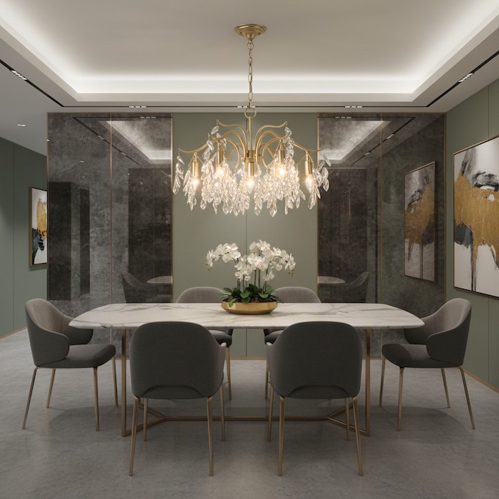 Contemporary dining room with a structured gold crystal chandelier.