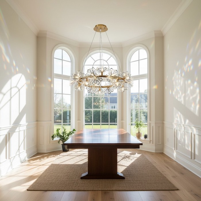 Natural sunlight refracting through a crystal chandelier during the day.