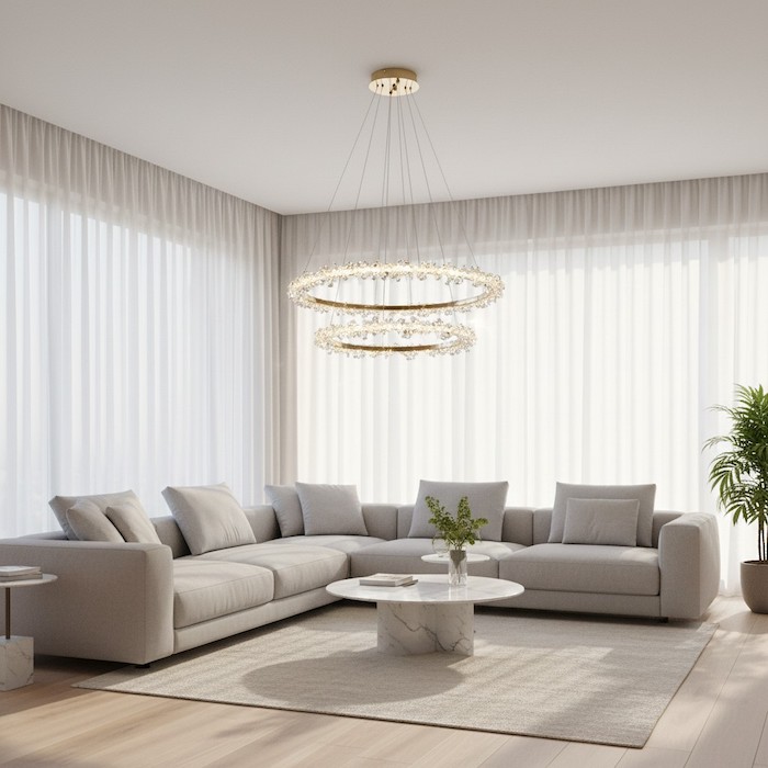 Natural daylight reflecting off a crystal ring chandelier in a bright living room.