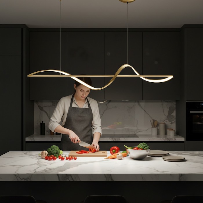Functional task lighting from a linear fixture on a kitchen island.