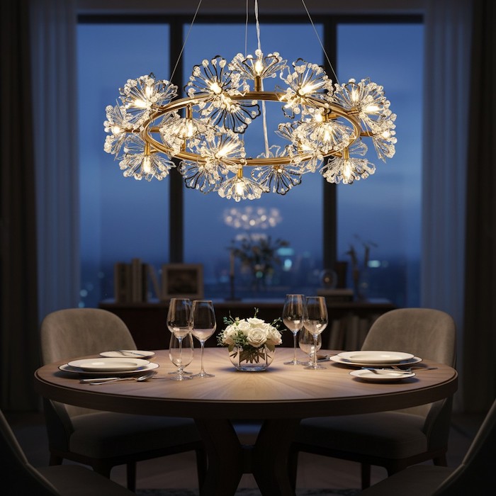 Warm evening glow of a crystal chandelier in a cozy dining room.
