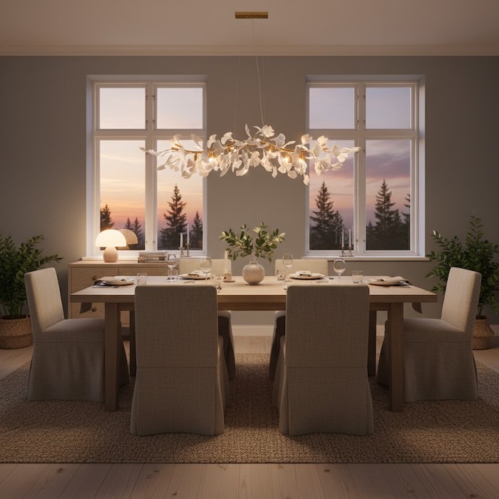 Warm ambient lighting in a Scandinavian home.