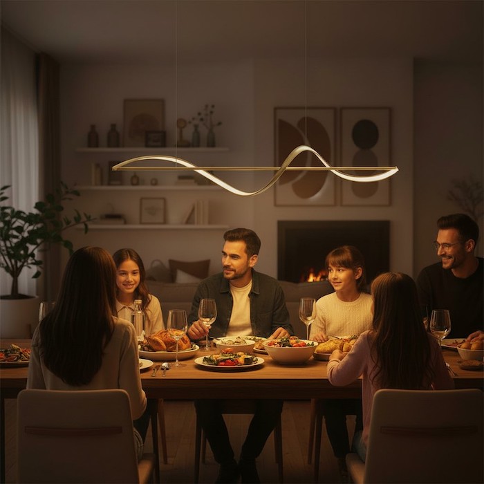 Warm evening ambiance created by a linear chandelier over a family dinner table.
