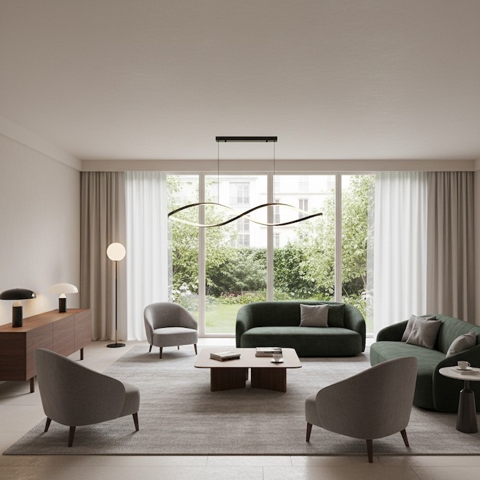 Living room showing quiet luxury design and clean ceiling lines.