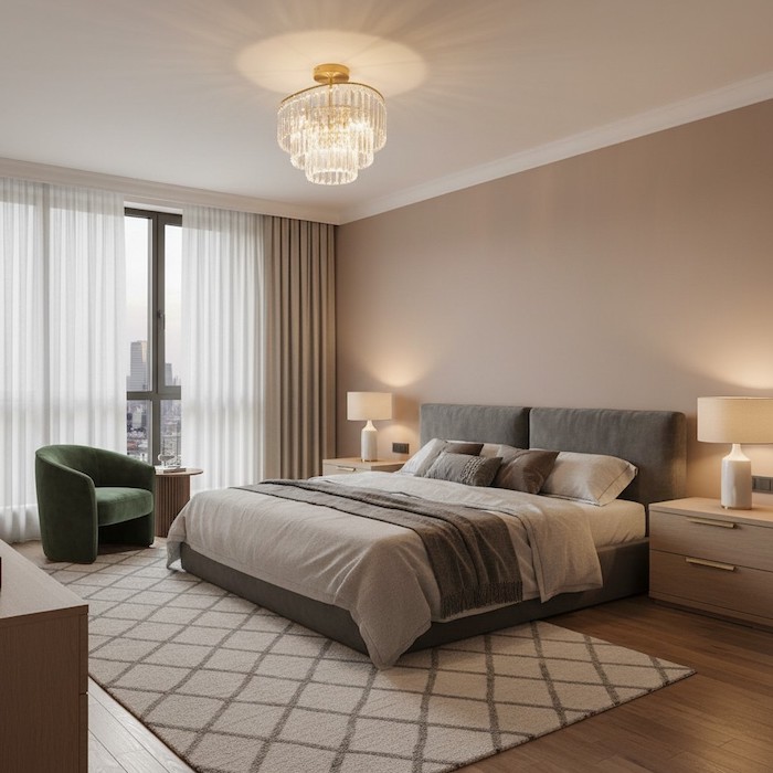 Balanced and sophisticated bedroom interior design anchored by a crystal ceiling light.v