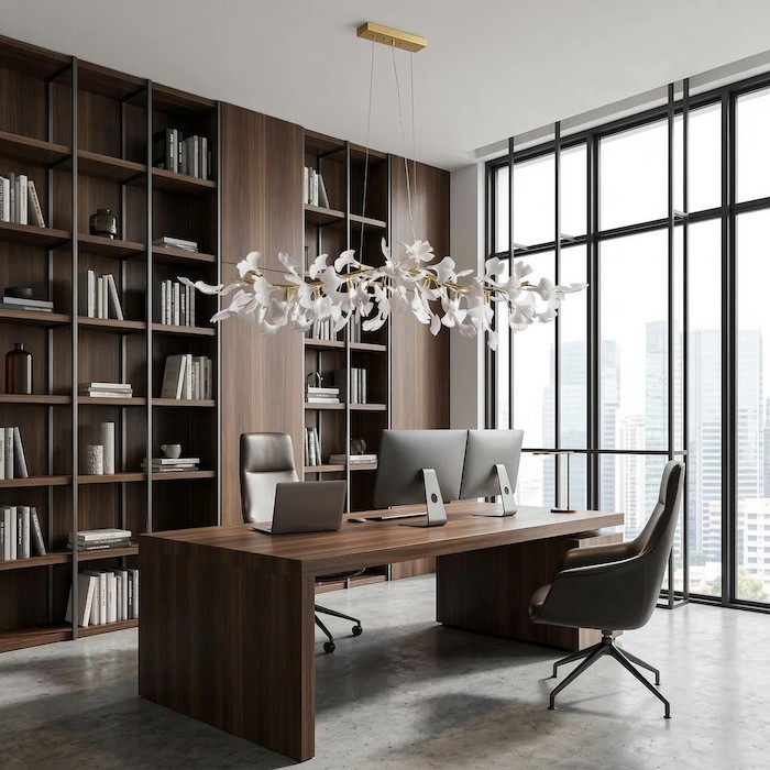 Geometric linear lighting in a home office.