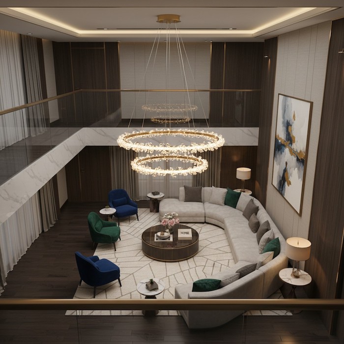 Top-down view of a glowing crystal chandelier from a second-floor