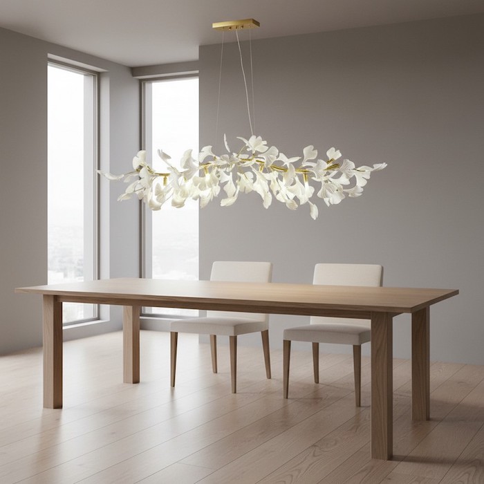 Gingko linear light grounding a dining area.