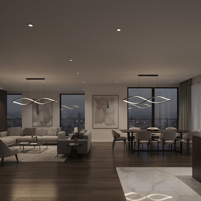 High-end open-plan home featuring a sophisticated linear lighting plan.