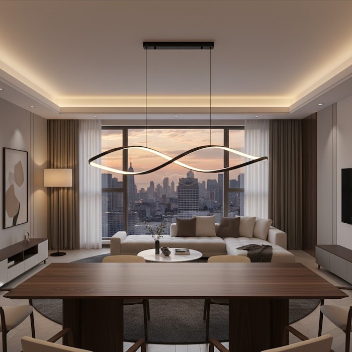 Layered lighting in a luxury apartment using a linear pendant and floor lamp.