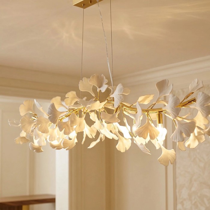 Detailed view of the Gingko linear chandelier silhouette.