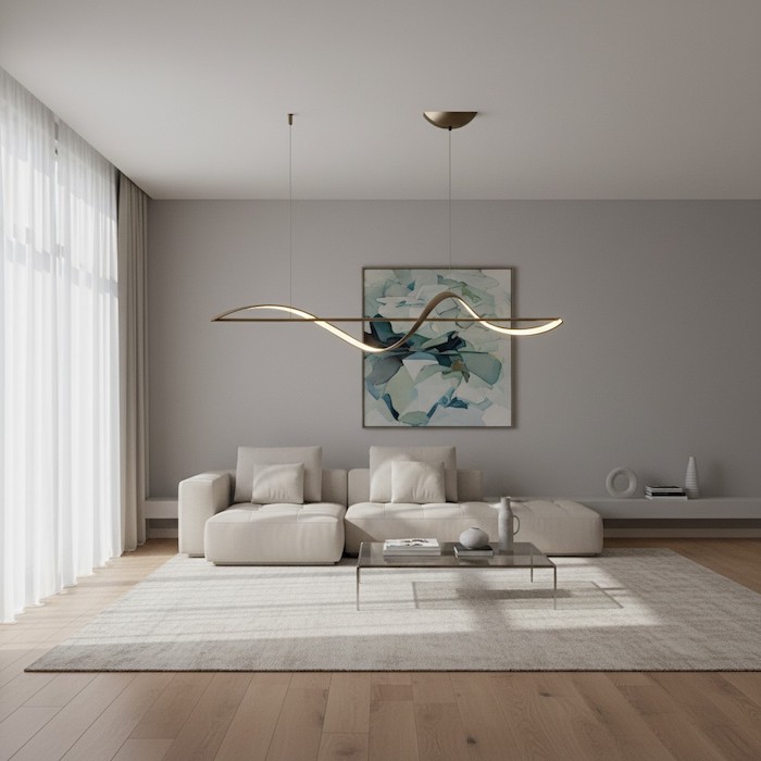 Slim linear lighting fixture emphasizing room width and ceiling height.