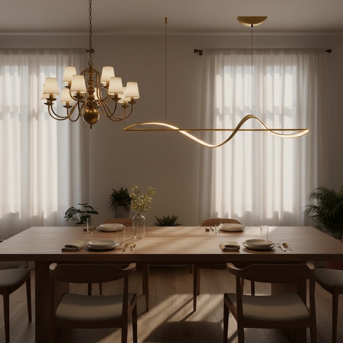 Comparison between uneven round pendant lighting and balanced linear dining light.